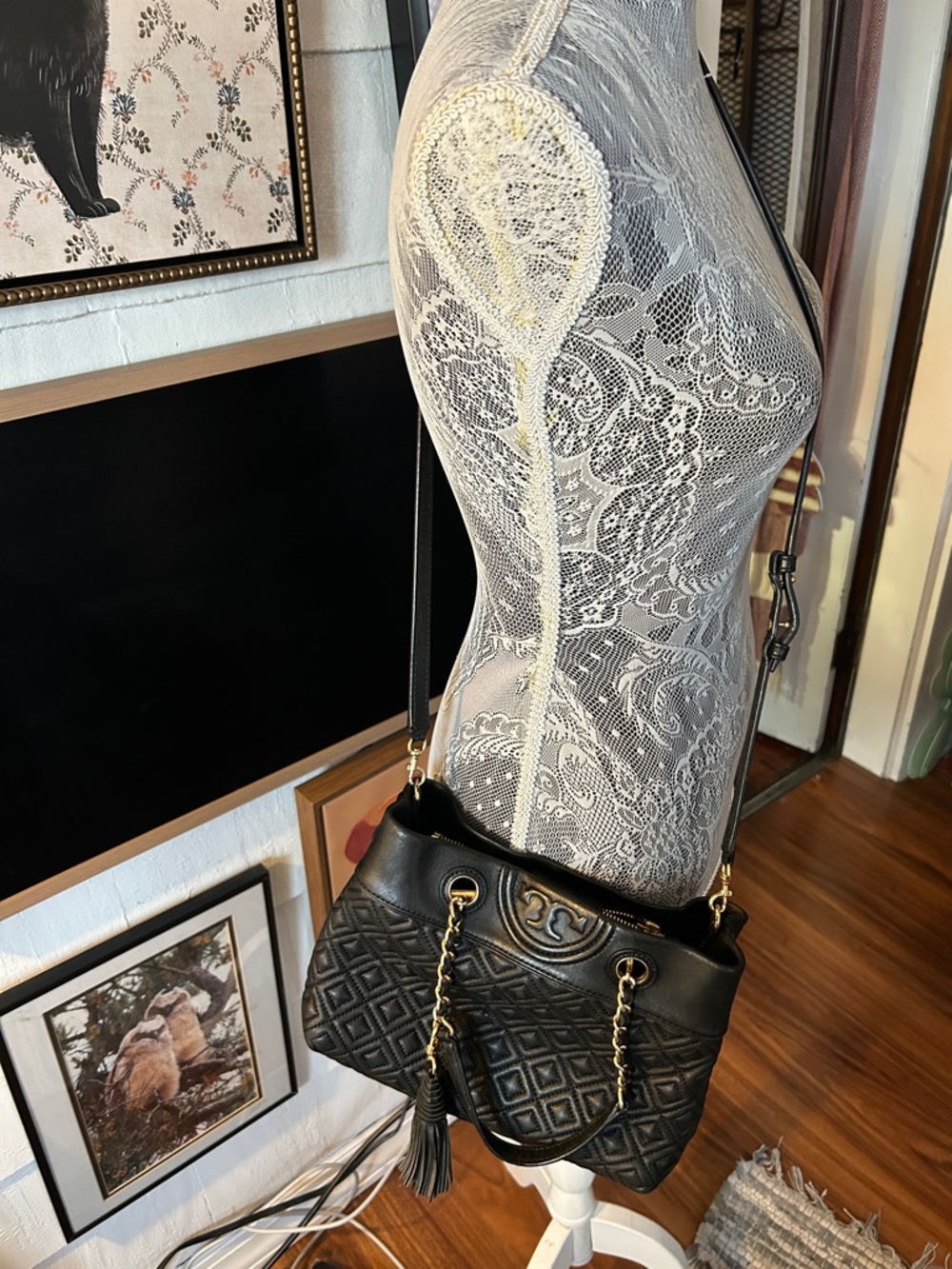 Tory Burch Black Quilted Leather Shoulder Bag with Tassel and Gold Chain